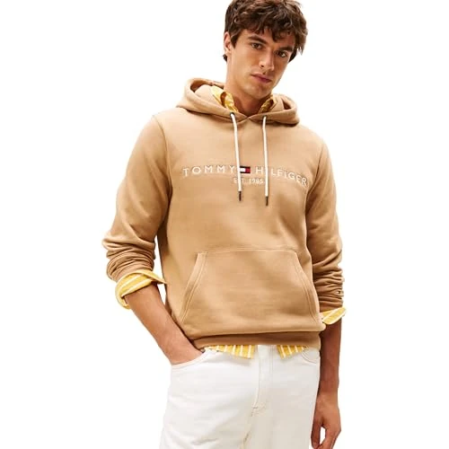 Offerta a tempo: Tommy Hilfiger Uomo Felpa Tommy Logo con Cappuccio, Beige (Timeless Camel), M - 52% da 119.90 € a 57.66 €