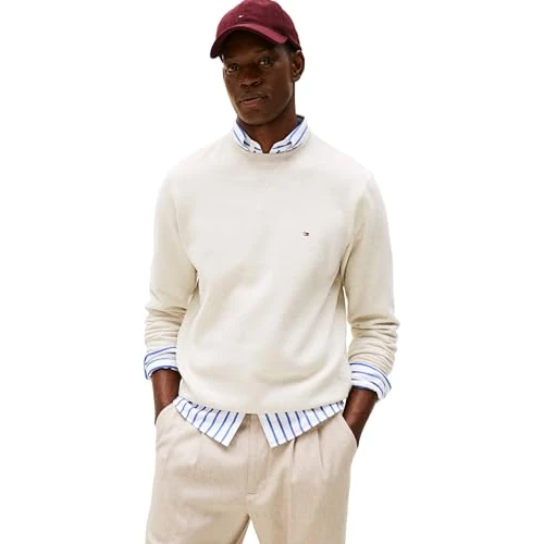 Tommy Hilfiger Men’s Seasonal Fleece Round Neck Sweatshirt, Beige (Heathered Oatmilk), XXL