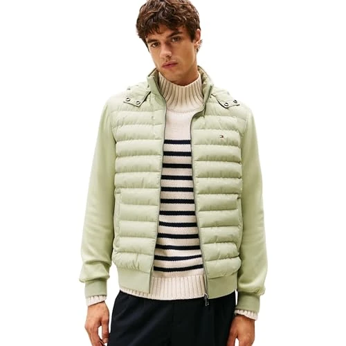 Tommy Hilfiger Uomo Felpa con Cappuccio e Zip Mix Media Hooded Zip Through Giacca Trapuntata, Verde (Earth Sage), M