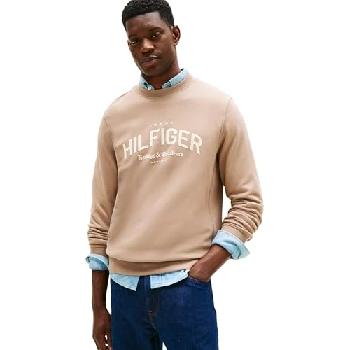 Tommy Hilfiger Men’s Regular Fit Arch Crew Neck Sweatshirt, Beige (Coastal Taupe), XL