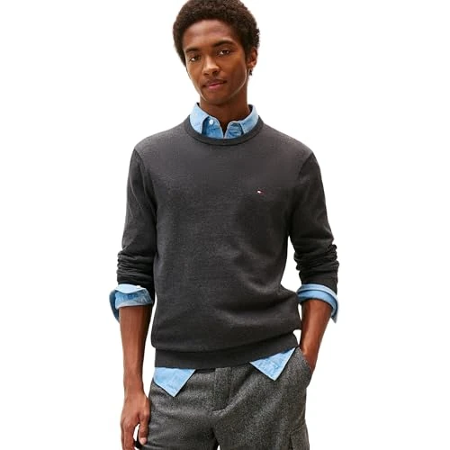 Tommy Hilfiger Essential Cotton trui met ronde hals voor heren, Grijs (Donker Grijs Hei), M