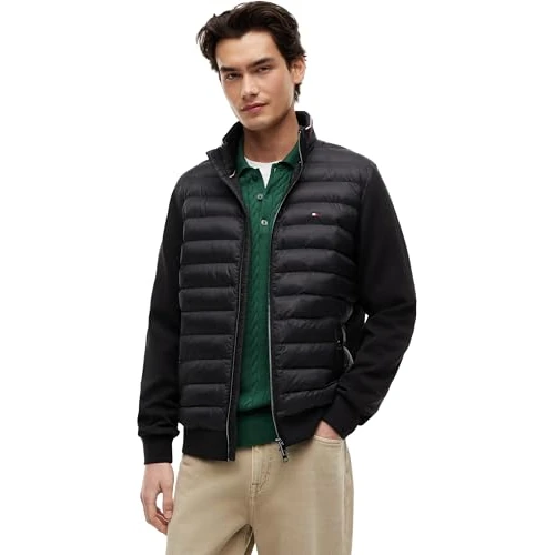 Tommy Hilfiger Men’s Stand Collar Mix Media Quilted Sweatshirt with Zip, Black (Black), XL