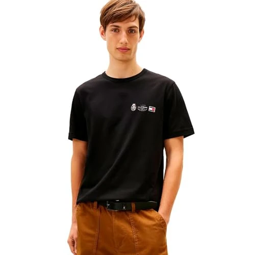 Tommy Hilfiger Uomo T-Shirt Maniche Corte Small Crest Outline con Scollo Rotondo, Nero (Black), L