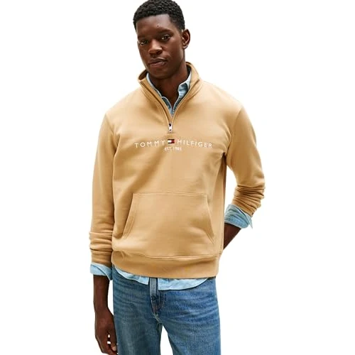 Beperkte aanbieding: Tommy Hilfiger Heren TOMMY LOGO MOCKNECK MW0MW20954 sweatshirt met halve rits, bruin, L, Bruin (Timeless Camel), L van 83.34 EUR naar 83.34 EUR (besparing 0%)