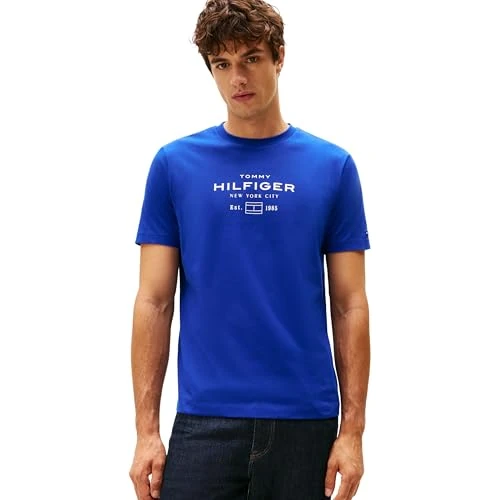 Tommy Hilfiger Uomo T-Shirt Maniche Corte Stack Graphic Tee con Scollo Rotondo, Blu (Wedge Blue), XS