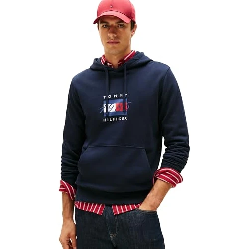 Offerta a tempo: Tommy Hilfiger Uomo Felpa con Cappuccio Linear Flag Graphic in Cotone, Blu (Desert Sky), S — 40% da 99,90 € a 59,94 €