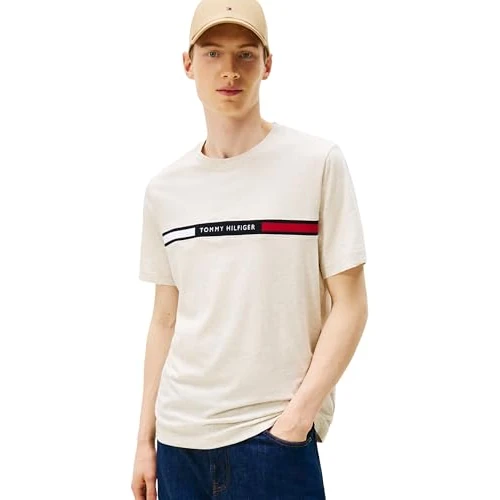 Tommy Hilfiger Men’s Short Sleeve Round Neck T-Shirt, Beige (Heathered Oatmilk), L
