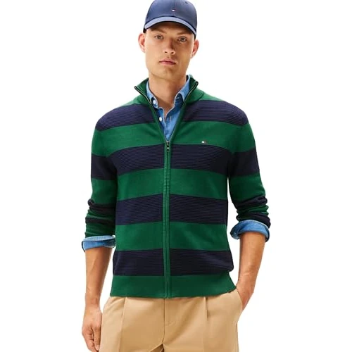 Limited-time offer: Tommy Hilfiger Men’s Zip Through Cotton Jumper with Stand Collar, Multicolor (Ornamental Green/Desert Sky), L from 140.00 GBP to 88.11 GBP (save 37%)