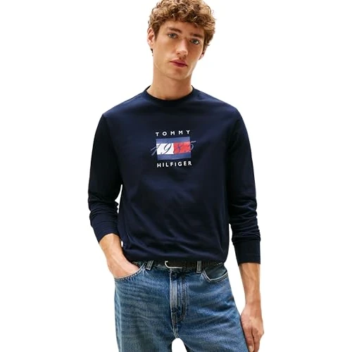 Tommy Hilfiger Uomo Maglietta Maniche Lunghe Linear Flag Graphic Regular Fit, Blu (Desert Sky), XS