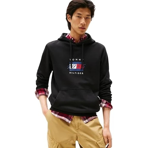 Limited-time offer: Tommy Hilfiger Men’s Linear Flag Graphic Cotton Hoodie, Black (Black), XS from 90.00 GBP to 53.55 GBP (save 40%)