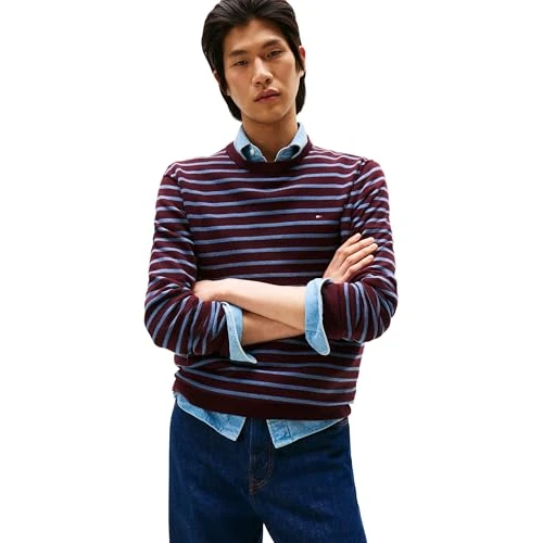 Tommy Hilfiger Men’s Essential Cotton Round Neck Jumper, Multicolor (Deep Burgundy/Petrol Blue HTR), S