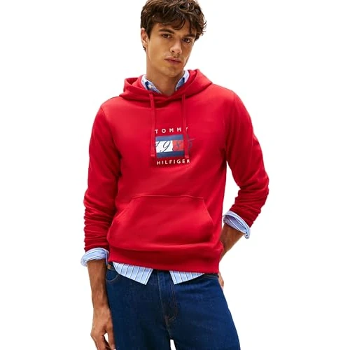 Tommy Hilfiger Heren LINEAIRE VLAG GRAPHIC HOODIE MW0MW41332 Pullover Hoodie, Rood, S, Rood (Medium Rood), S