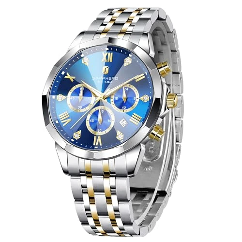Limited-time offer: SAPPHERO Mens Watch Stainless Steel Analogue Quartz Chronograph Watches Men 50M Waterproof Wristwatches with Calendar Luxury Business Work and Casual Elegant Gifts for Men from 43.99 £ to 43.99 £ (save 0.00%)