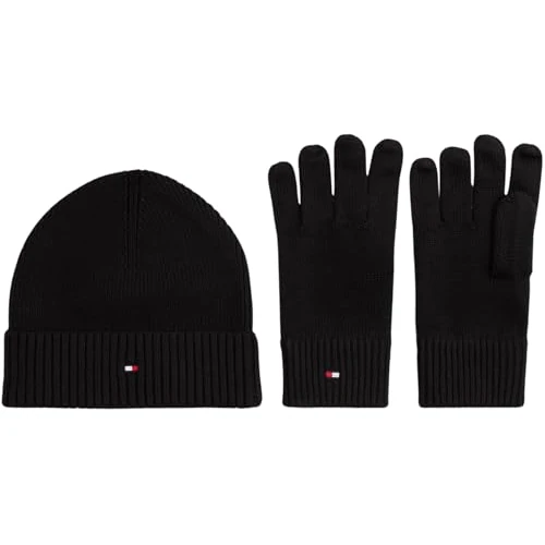 Tommy Hilfiger Heren TH Flag Beanie & Glove GP AM0AM13806, zwart, één maat, Zwart (zwart), One size
