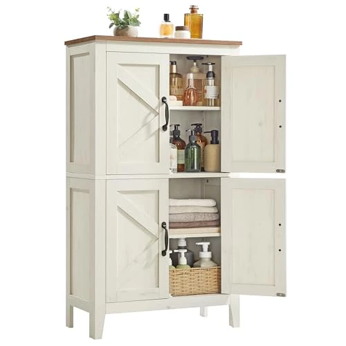 VASAGLE LIRY Collection - Storage Cabinet in Country House Style, Bathroom Cabinet with Doors, Freestanding Kitchen Cabinet, Adjustable Shelves, Dining Room, Living Room, Vintage White BBK773W01