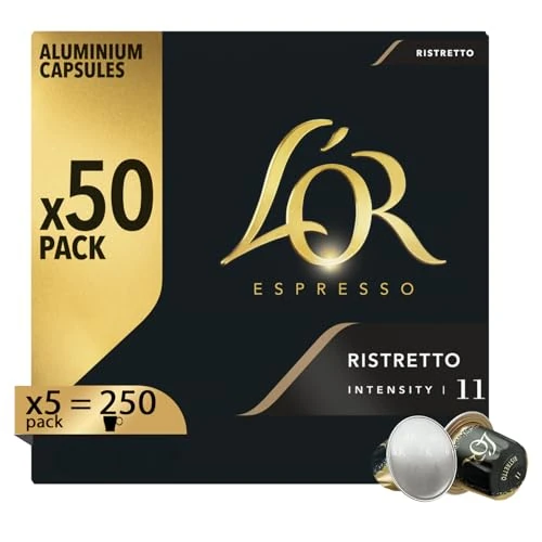 Offerta a tempo: L'Or Capsule Caffè Espresso Ristretto - 250 Capsule in Alluminio - 5 pacchetti da 50 - Intensità 11 - Compatibili con Macchine Nespresso®* original - 0.00% da 76.84 € a 76.84 €