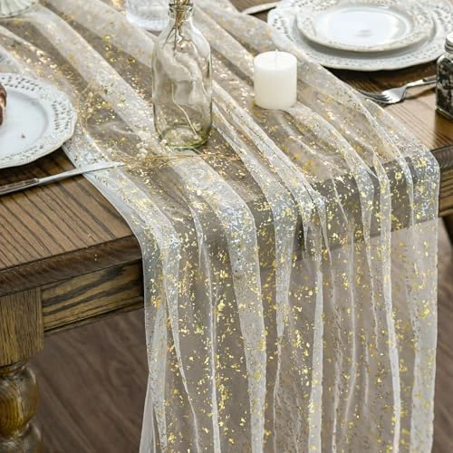 Artoid Mode Gaze Tulle Beige Doré Chemin de Table 70 x 300 cm, Feuille d’Or Décoration de Table Cuisine Intérieur Vacances Anniversaires Mariages Fête