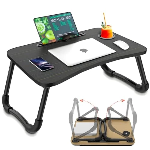 Avilia Składany stolik kawowy z uchwytem na kubek i podstawką na tablet, 60 x 40 cm, czarny, oszczędzający miejsce, łatwy do przenoszenia, idealny do salonu, pokoju, obszarów relaksacyjnych i