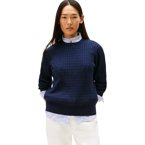 Offerta a tempo: Tommy Hilfiger Donna Pullover Cable Fine Maglia a Trecce, Blu (Dark Night Navy GS Tipping), XXS - 65% da 129.90 € a 44.99 €