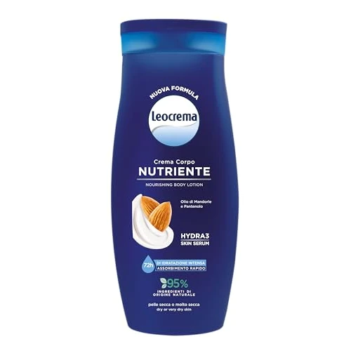 Leocrema Crème corporelle nourrissante pour les peaux sèches et déshydratées à l'huile d'amande et au panthénol, crème hydratante pour le corps pendant 72 heures, 250 ml