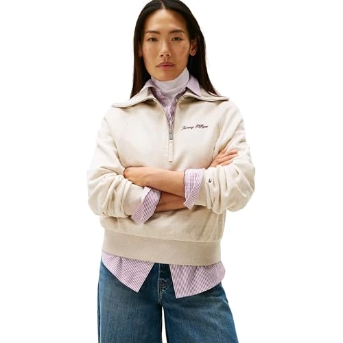 Tommy Hilfiger Women's Classic Script Fleece Half Zip Sweatshirt, Off-White (Heather Oatmilk), XXS