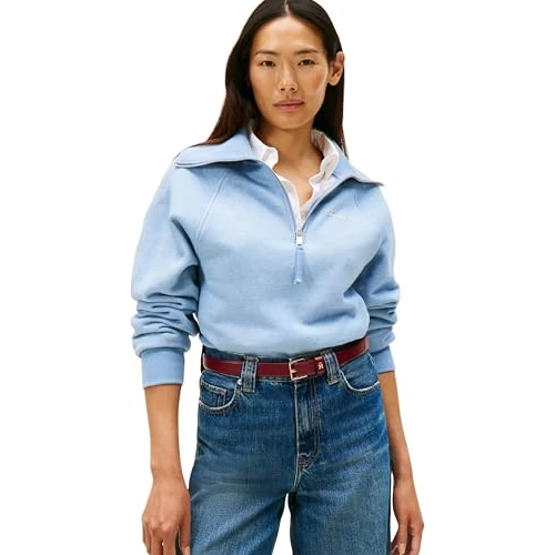 Limitiertes Angebot: Tommy Hilfiger Damen Sweatshirt mit Reißverschluss Classic Script Fleece Half-Zip, Blau (Brisk Blue Heather), M von 129.90 EUR auf 77.00 EUR (Spare 41%)