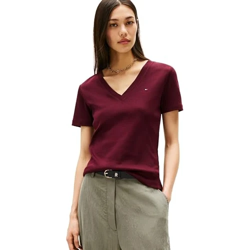 Tommy Hilfiger Damen T-Shirt Kurzarm New Slim Cody mit V-Ausschnitt, Rot (Deep Burgundy), S