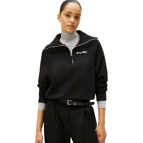 Tommy Hilfiger Sweat Zippé Femme Classic Script Fleece Demi-Fermeture Éclair, Noir (Black), L