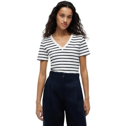Tommy Hilfiger Damen T-Shirt Kurzarm New Slim Cody mit V-Ausschnitt, Mehrfarbig (Breton/ECU/Dark Night Navy), XS