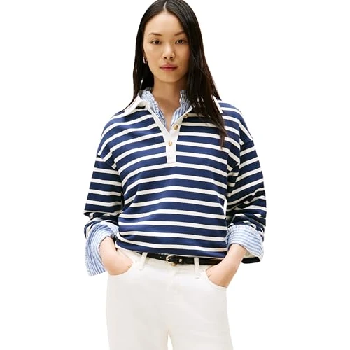 Limited-time offer: Tommy Hilfiger Women’s Gold Button Terry Rugby Shirt with Pointed Collar, Multicolor (Dark Night Navy/Ivory Silk Stp), L from 58.01 £ to 58.01 £ (save 0.00%)