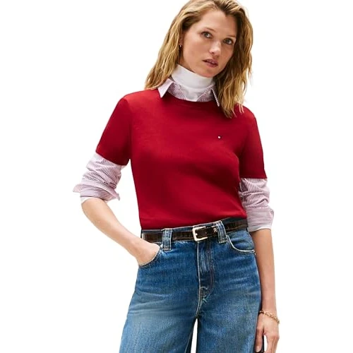 Offerta a tempo: Tommy Hilfiger Donna T-Shirt Maniche Corte Slim Cody Scollo Rotondo, Rosso (Regatta Red), L - 25% da 49.90 € a 37.42 €