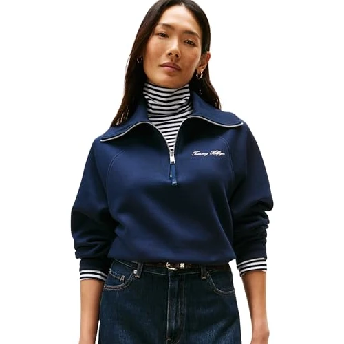 Offerta a tempo: Tommy Hilfiger Donna Felpa con Cerniera Classic Script Fleece Mezza Zip, Blu (Dark Night Navy), M - 47% da 129.90 € a 69.30 €