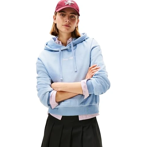 Offre limitée : Tommy Hilfiger Sweat à Capuche Femme Classic Script Fleece avec Capuche, Bleu (Brisk Blue Heather), M de 46.04 € à 46.04 € (0.00% de remise)