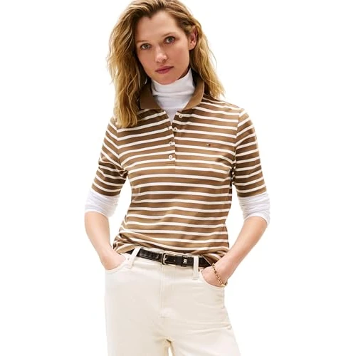 Tommy Hilfiger Donna Maglietta Polo Maniche Corte 1985 Pique Regular Fit, Marrone (Hunter Brown/ Ecru Stp), S