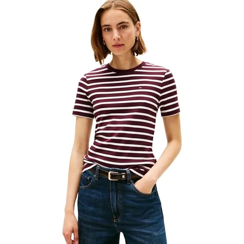 Tommy Hilfiger Damen T-Shirt Kurzarm Slim Cody Rundhalsausschnitt, Mehrfarbig (Deep Burgundy/Ecru STP), 3XL