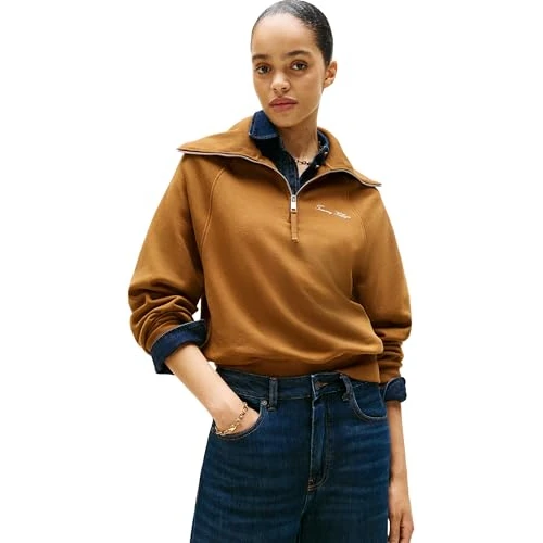 Offerta a tempo: Tommy Hilfiger Donna Felpa con Cerniera Classic Script Fleece Mezza Zip, Marrone (Highland Khaki), S - 45% da 129.90 € a 70.99 €