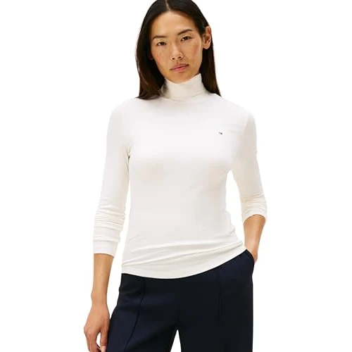 Tommy Hilfiger Pull Femme Slim Rib Col Roulé, Blanc (Ivory Silk), 3XL