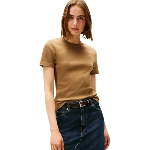 Offerta a tempo: Tommy Hilfiger Donna T-Shirt Maniche Corte Slim Cody Scollo Rotondo, Marrone (Hunter Brown), XXS - 0.00% da 22.50 € a 22.50 €