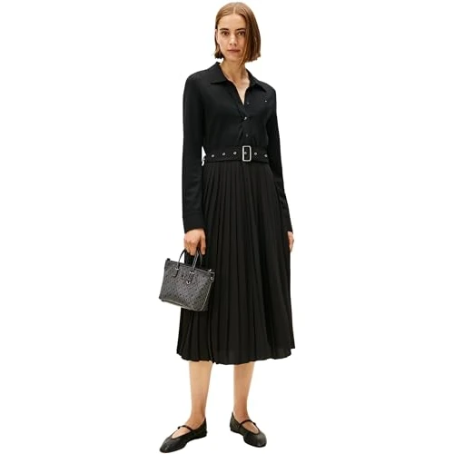 Offerta a tempo: Tommy Hilfiger Donna Abito a Polo Interlock Mix Media con Cintura in Vita, Nero (Black), S - 59% da 169.90 € a 69.38 €