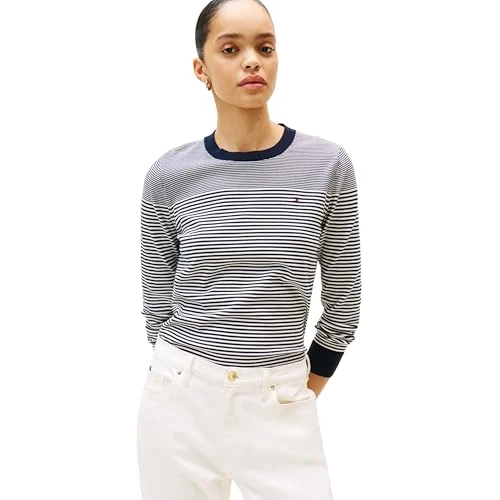 Tommy Hilfiger Damen CO Jersey FINE GG LS C-NK SWT WW0WW44984 Pullover Sweater, Blau, XXXL, Blau (Bretton Stripe Dark Night Navy), 3XL Große Größen Tall