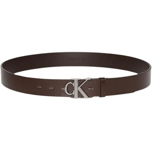 Calvin Klein Uomo Cintura Monogram Buckle 3,5 cm con Fibbia con Monogramma, Marrone (Ck Dark Brown/Antique Silver), 85 cm