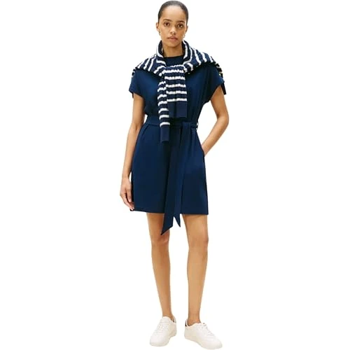 Tommy Hilfiger Donna Abito Gold Button Jersey con Cintura, Blu (Dark Night Navy), XXS