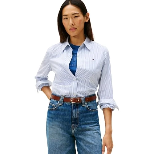 Oferta limitada: Tommy Hilfiger Camisa Mujer Poplin Regular con Cuello francés, Azul (Hugh STP/Blue), 38 de 89.90 EUR a 62.93 EUR (ahorro 30%)