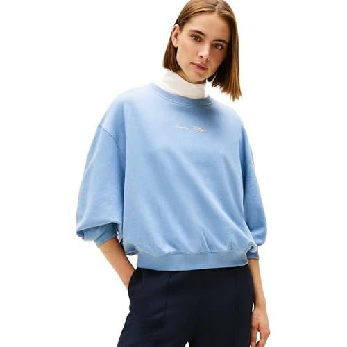 Tommy Hilfiger Donna Felpa Classic Script Terry Scollo Rotondo, Blu (Brisk Blue Heather), XXXL