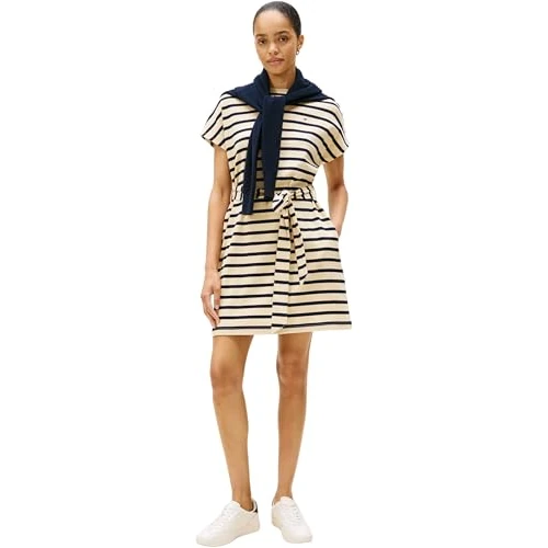 Tommy Hilfiger Women's Gold Button Jersey Dress with Belt, Multicolor (Country Ivory/Dark Night Navy STP), S