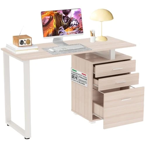 BAKAJI Desk with 3 Drawers Wooden Computer Desk with Steel Structure Modern Design 120 x 50 x 75 cm Home Office Bedroom Furniture (Elm)