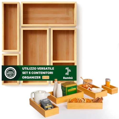 Tijdelijke aanbieding: Avilia Set van 5 multifunctionele organizers van bamboe, verschillende maten, ladeverdelers voor keuken, badkamer of bureau, praktisch en gemakkelijk te reinigen, ruimtebesparend modulair naar van 29.96 EUR naar 26.66 EUR (korting 11%)