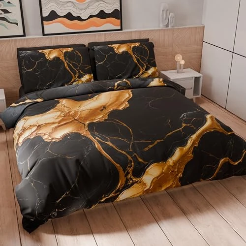 PETTI Artigiani Italiani - Double Duvet Cover Set 200 x 200 cm (1 Pillowcase 50 x 80 cm Included), Soft Microfibre Duvet Cover Set with Digital Print Black Marble Effect - Made in Italy