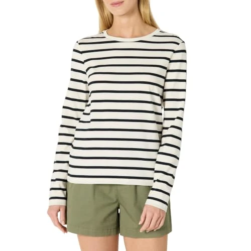 Oferta limitada: Amazon Essentials Camiseta de Manga Larga de Corte Recto 100% Algodón Mujer, Cáscara de Huevo Negro Mariner Rayas, M de 12.20 € a 12.20 € (ahorro 0.00%)