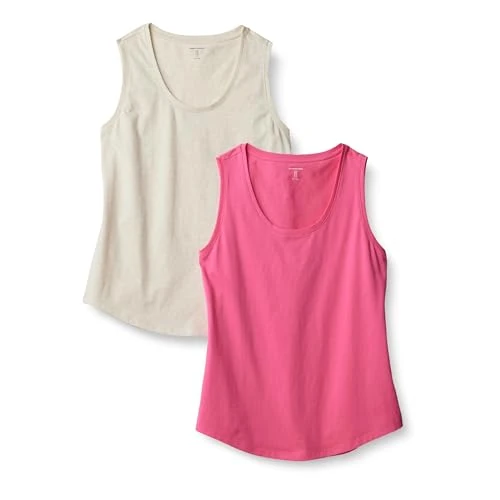 Amazon Essentials Women's Regular-Fit 100% Cotton Sleeveless Tank Top, Pack of 2, Hot Pink/Oatmeal Heather, L